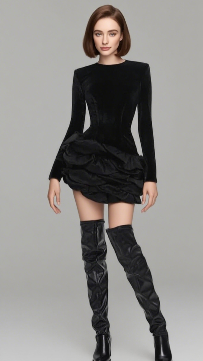 RHINESTONE - FEATHER RUFFLE - HEM LONG - SLEEVE MINI DRESS IN  BLACK