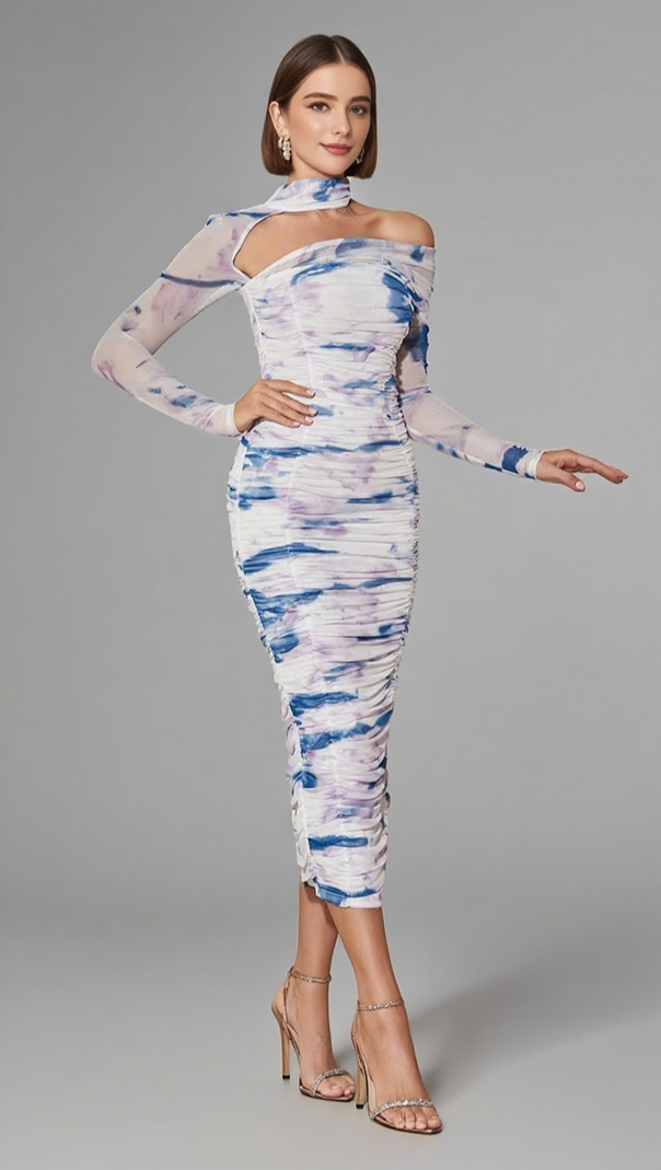 AIIZIE TIE - DYE ONE - SHOULDER RUCHED MIDI DRESS IN BEIGE AND BLUE - product image