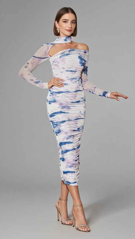 Tie-Dye One-Shoulder-Midikleid mit Rüschen in Beige und Blau