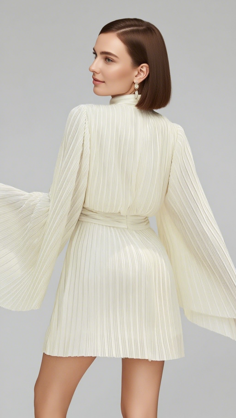 Plissiertes Minikleid mit Stehkragen und Gürtel in Weiß