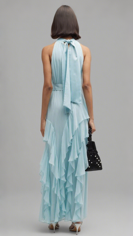 Neckholder-Rüschen - Stufen-Midikleid in Hellblau