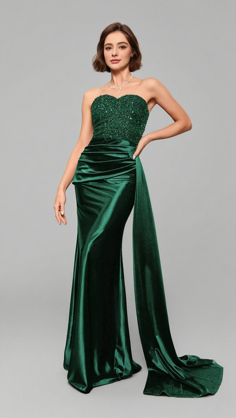 SEQUIN - BODICE RUCHED SATIN MERMAID GOWN IN GREEN