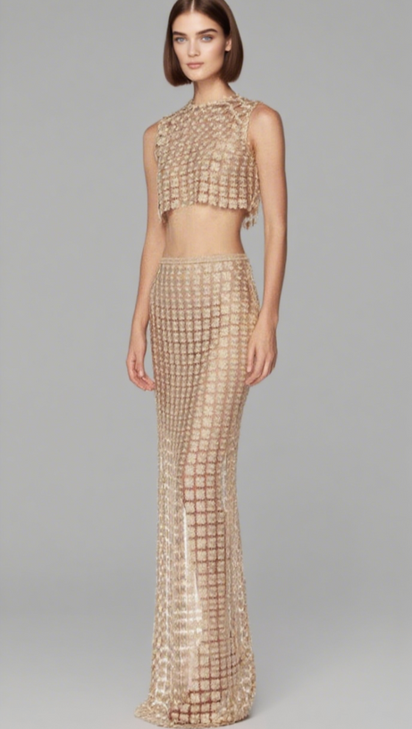 APRICOT SHEER PLAID FISHTAIL MAXI SKIRT TWO PIECE OF SET