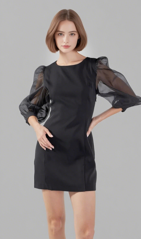 victoria organza puff sleeves mini dress in black