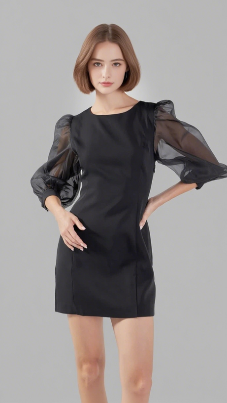 VICTORIA ORGANZA PUFF SLEEVES MINI DRESS IN BLACK