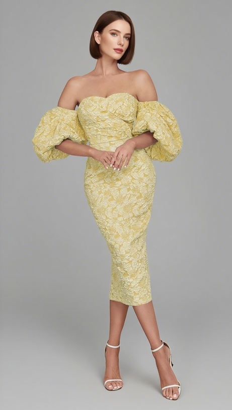 FLORAL - JACQUARD OFF - SHOULDER MIDI DRESS IN YELLOW