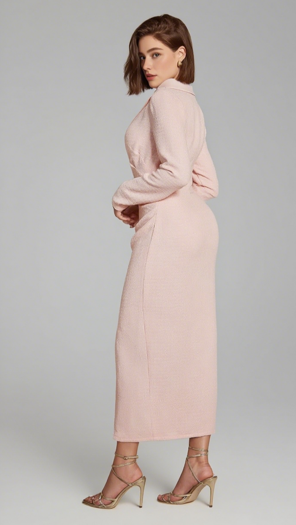 AIIZIE ASYMMETRIC COLLAR BUTTON - FRONT SLIT MIDI DRESS IN PINK - product image