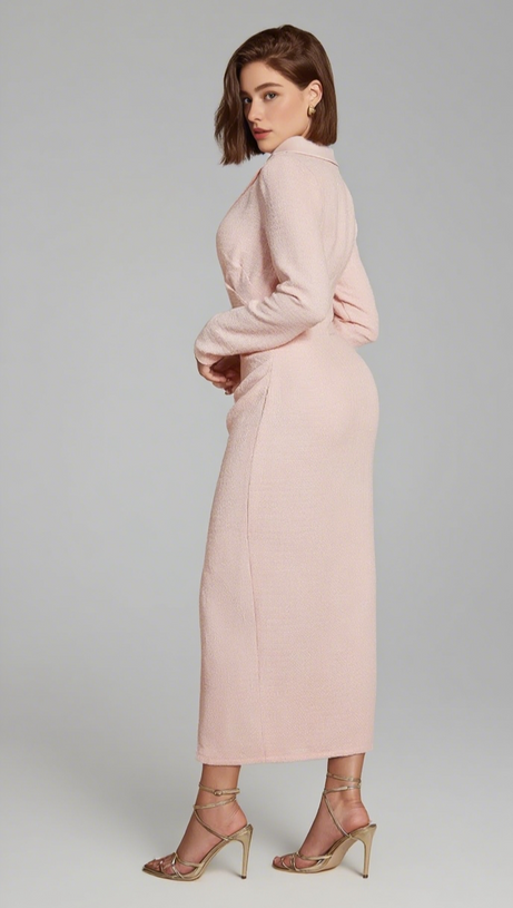 ASYMMETRIC COLLAR BUTTON - FRONT SLIT MIDI DRESS IN PINK
