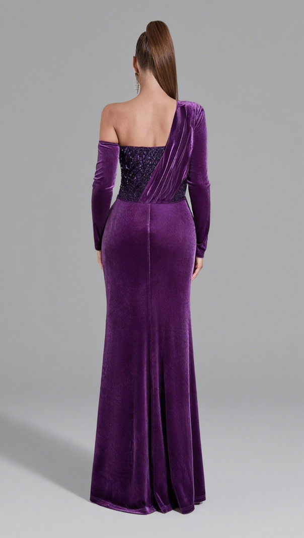 AIIZIE VELVET ONE - SHOULDER SEQUIN - EMBELLISHED MERMAID GOWN IN PURPLE - product image