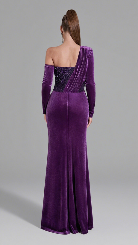 VELVET ONE - SHOULDER SEQUIN - EMBELLISHED MERMAID GOWN IN PURPLE