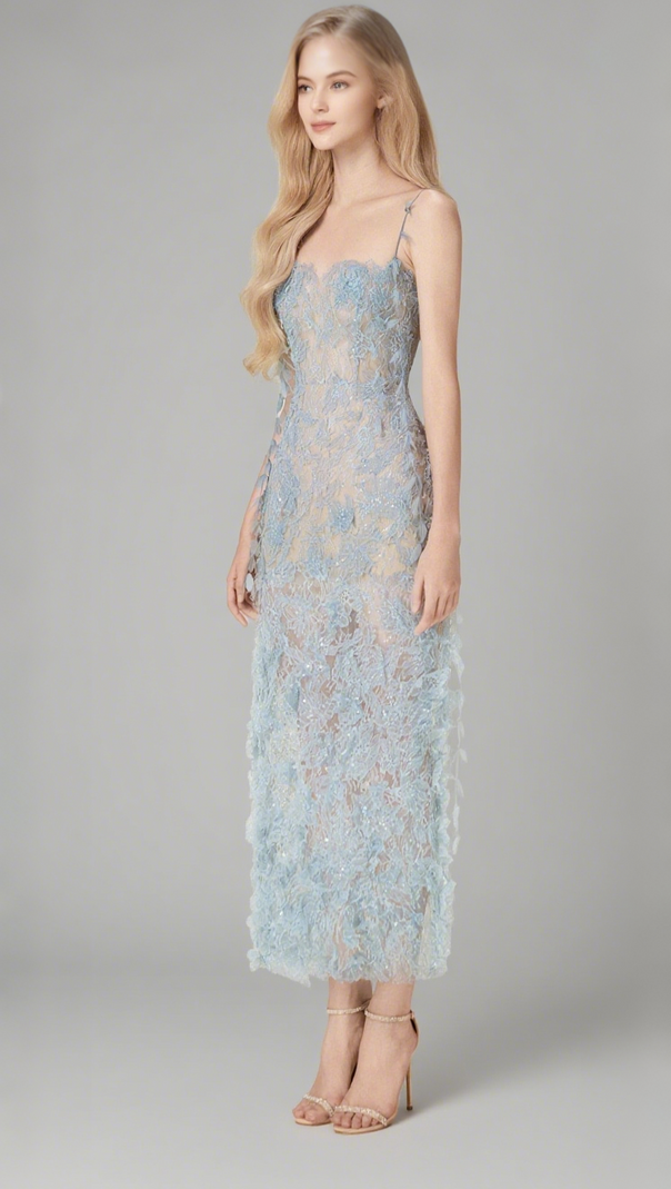 AIIZIE BLUE BEADED LACE PENCEL DRESS - product image
