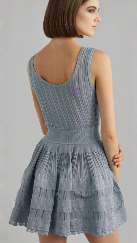 RIBBED POINTELLE KNIT MINI DRESS IN BLUE