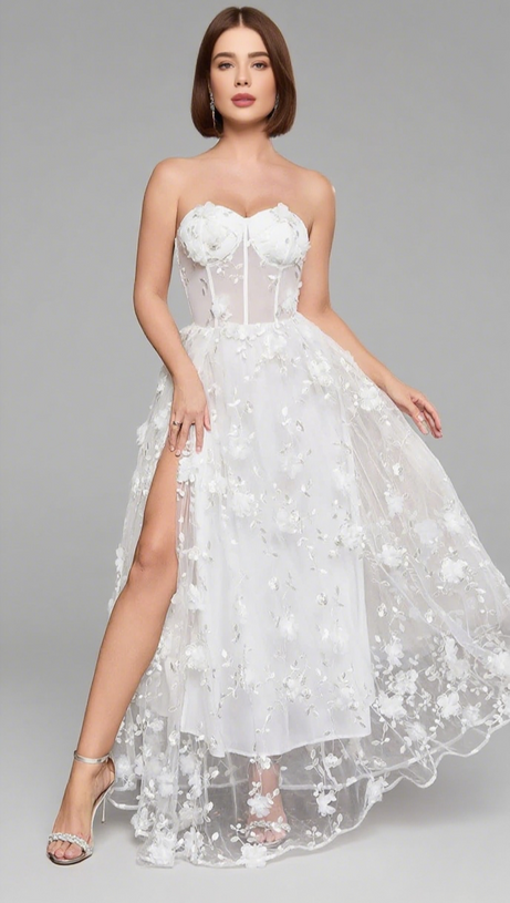 FLORAL - EMBROIDERED SHEER STRAPLESS MAXI DRESS IN WHITE