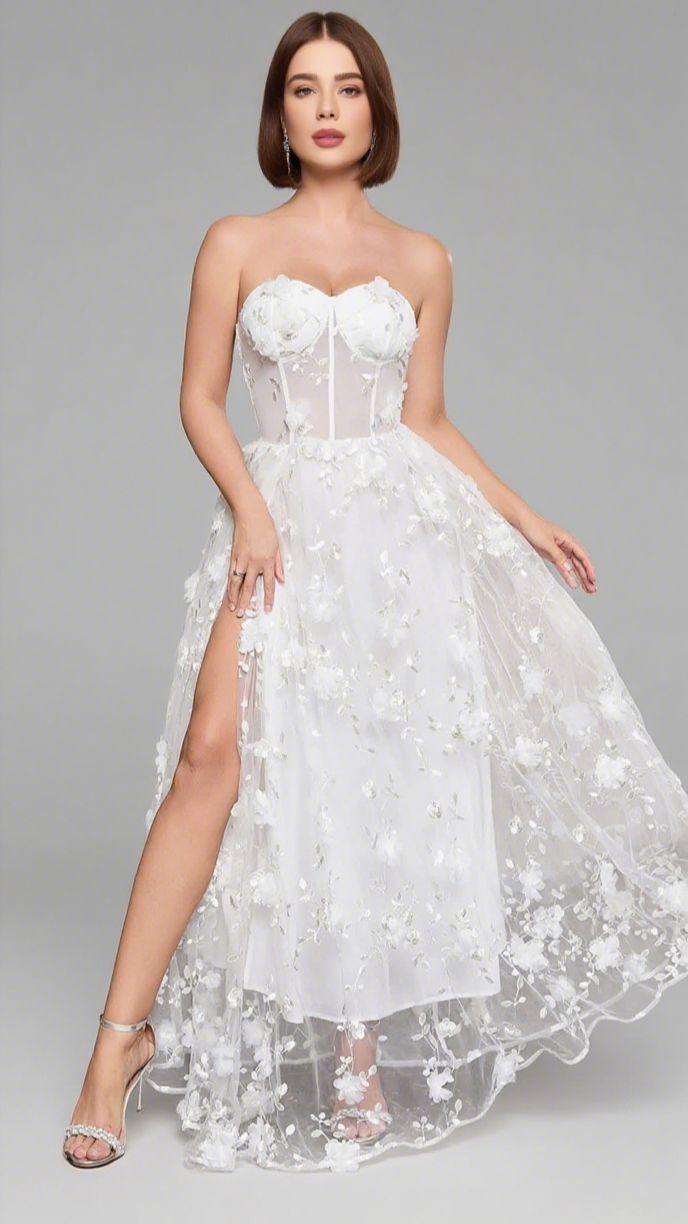 FLORAL - EMBROIDERED SHEER STRAPLESS MAXI DRESS IN WHITE