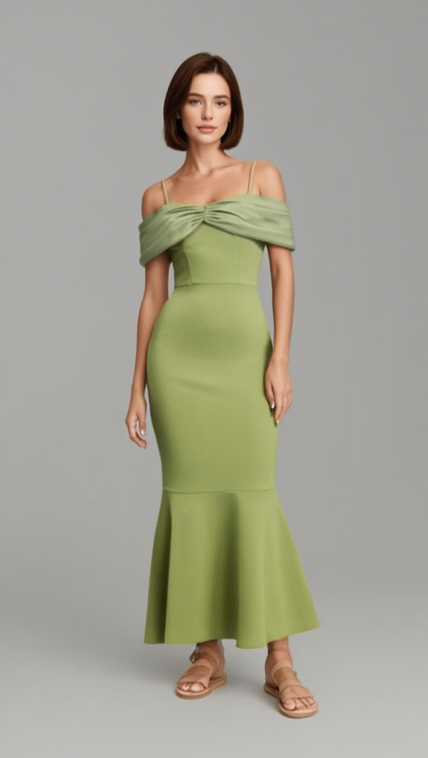 AIIZIE OFF - SHOULDER BOW - FRONT MERMAID MIDI DRESS IN GREEN - product image