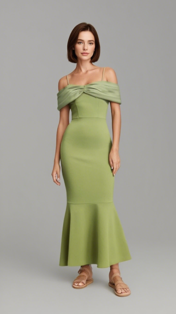 Schulterfreies, grünes Meerjungfrau-Midikleid mit Schleife vorne
