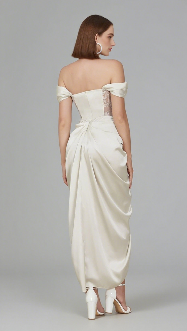 AIIZIE OFF - SHOULDER BOW - STRAP RUCHED SATIN MIDI DRESS IN IVORY - product image