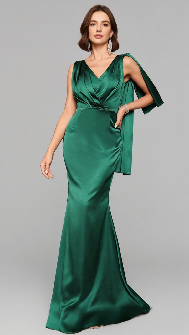AIIZIE SATIN V - NECK CAPE - SLEEVE MERMAID MAXI DRESS IN GREEN - product image