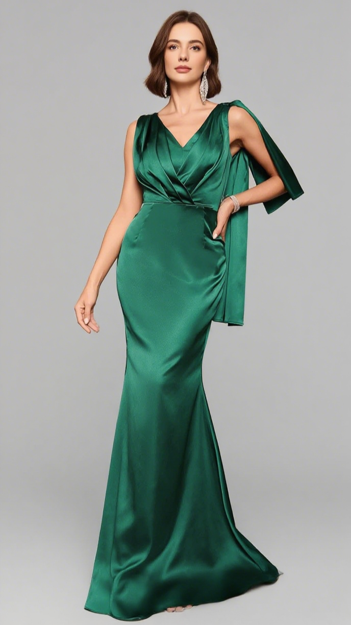 SATIN V - NECK CAPE - SLEEVE MERMAID MAXI DRESS IN GREEN