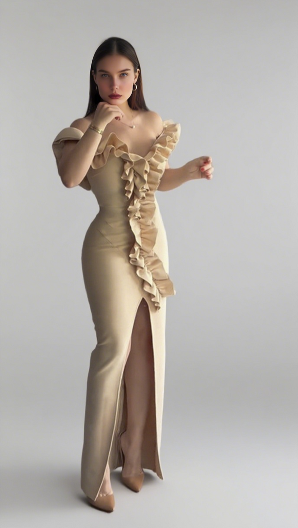 AIIZIE ONE - SHOULDER RUFFLE - TRIMMED SLIT MIDI DRESS IN NUDE PINK - product image
