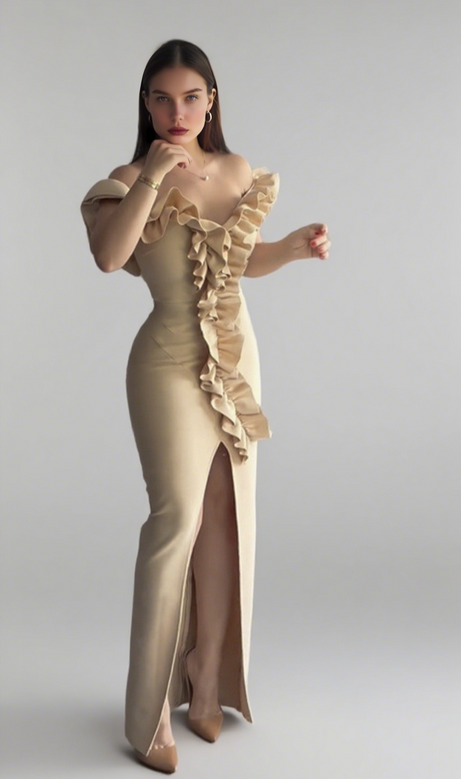 One - Shoulder Ruffle - Trimmed Slit Midi Dress in Nude Pink