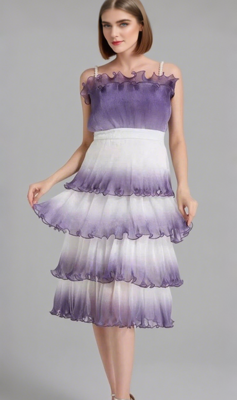 purple gradient pleated ruffle trim layered mini dress