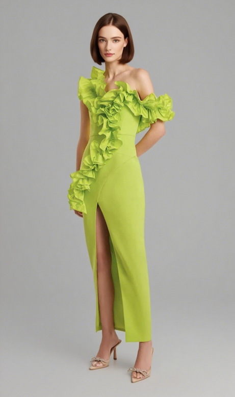 One - Shoulder Ruffle - Trimmed Slit Midi Dress in Yellow