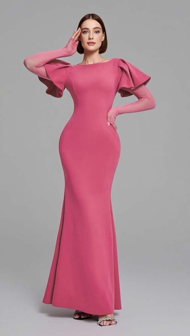 AIIZIE RUFFLED SLEEVE MESH - INSERT MERMAID MAXI DRESS IN PINK - product image