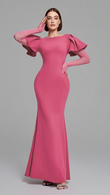 RUFFLED SLEEVE MESH - INSERT MERMAID MAXI DRESS IN PINK