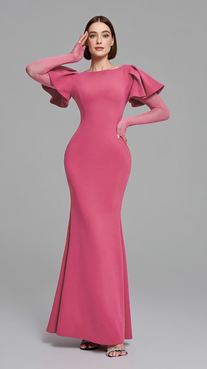 RUFFLED SLEEVE MESH - INSERT MERMAID MAXI DRESS IN PINK