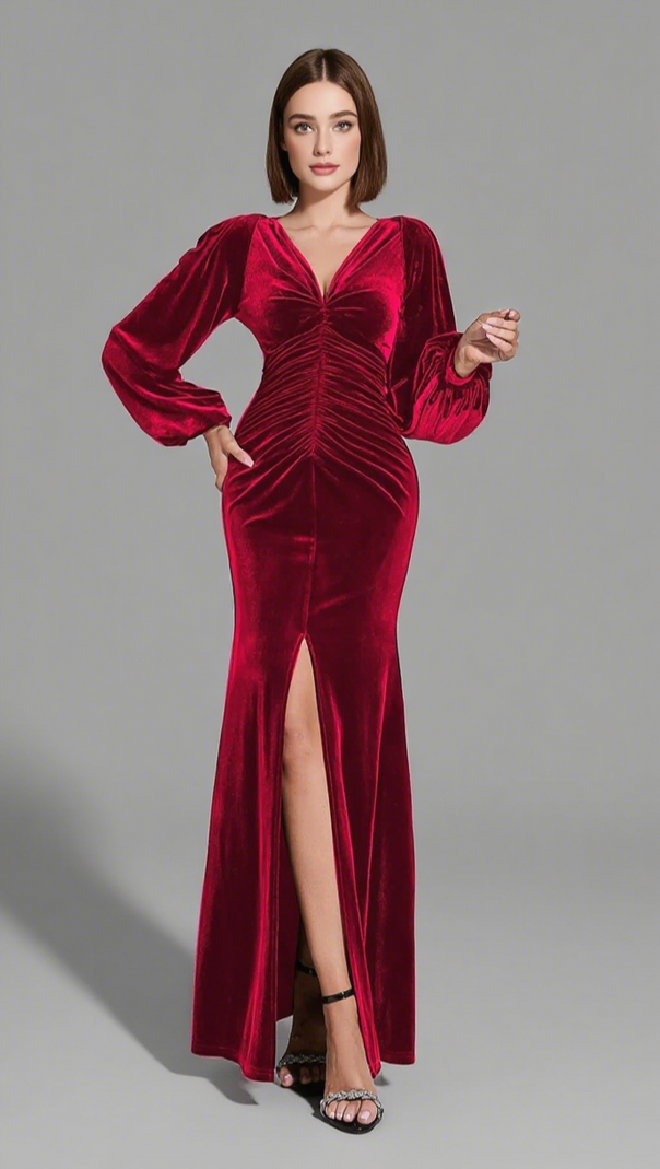 AIIZIE VELVET PUFF - SLEEVE RUCHED MERMAID MIDI DRESS IN RED - product image