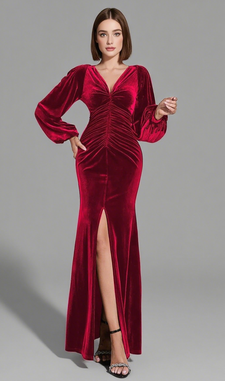 Samt-Midikleid mit Puffärmeln und Rüschen im Meerjungfrauenstil in Rot