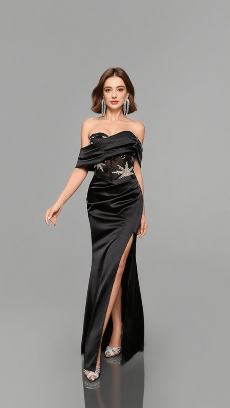 OFF - SHOULDER EMBROIDERED CORSET - WAIST SLIT GOWN IN BLACK