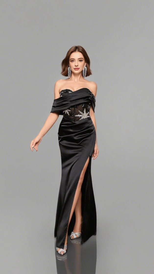 OFF - SHOULDER EMBROIDERED CORSET - WAIST SLIT GOWN IN BLACK
