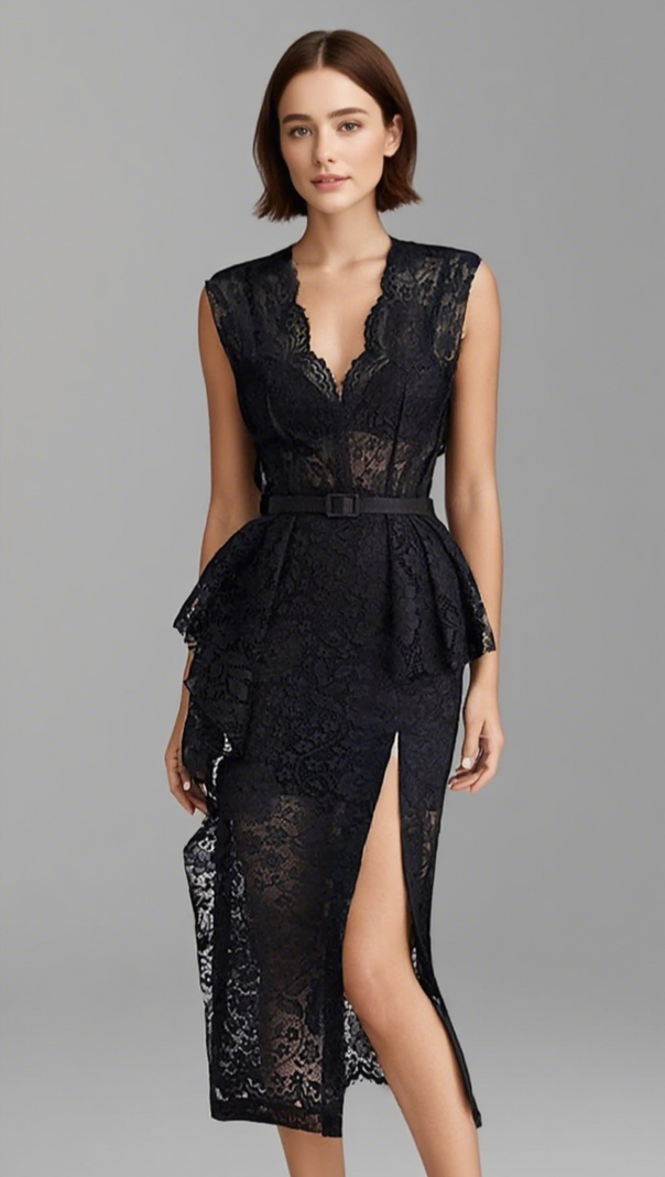 AIIZIE LACE BELTED ASYMMETRIC TIERED MIDI DRESS IN BLACK - product image