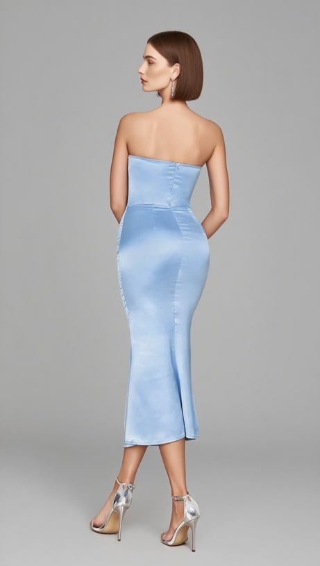 STRAPLESS SATIN MERMAID MIDI DRESS IN BLUE