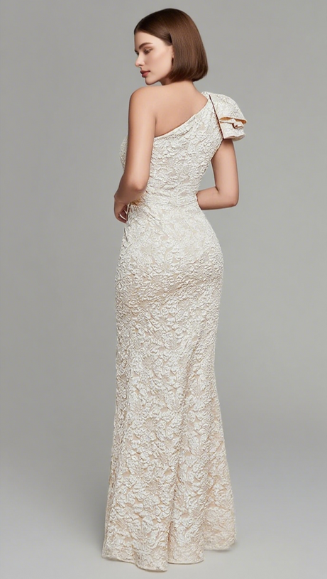 ONE - SHOULDER RUFFLE - DETAIL MIDI DRESS IN BEIGE BROCADE