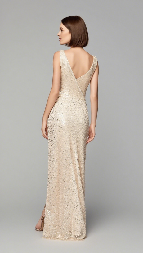SEQUIN COWL - NECK CAPE - SLEEVE SLIT MAXI DRESS IN CHAMPAGNE