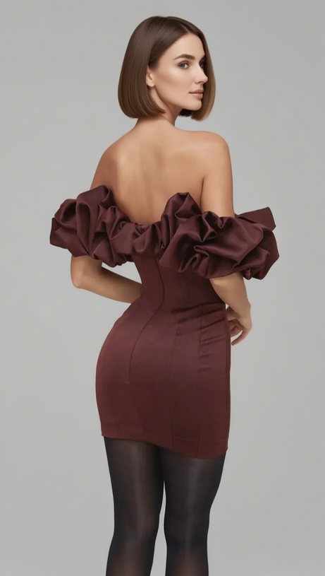 BURGUNDY SATIN RUFFLE STRAPLESS MINI DRESS