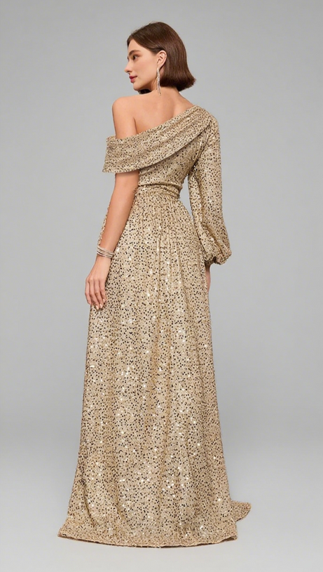 SEQUIN ONE - SHOULDER PUFF - SLEEVE MAXI DRESS IN GOLD