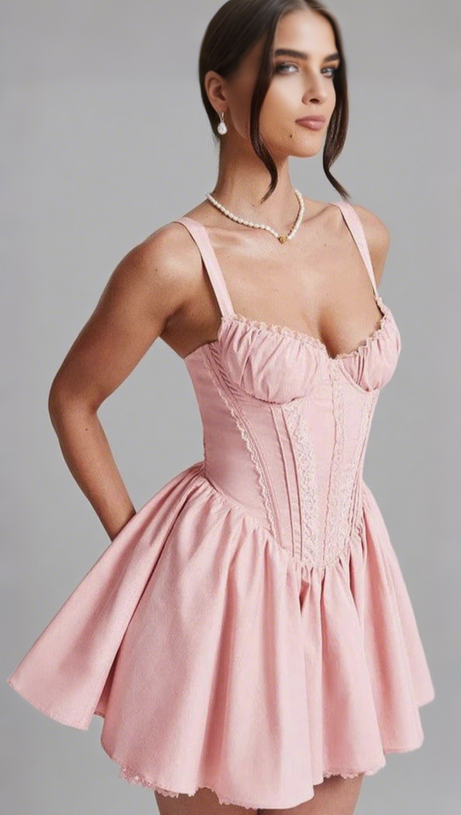 LACE RUFFLE TRIM CORSET MINI DRESS IN PINK