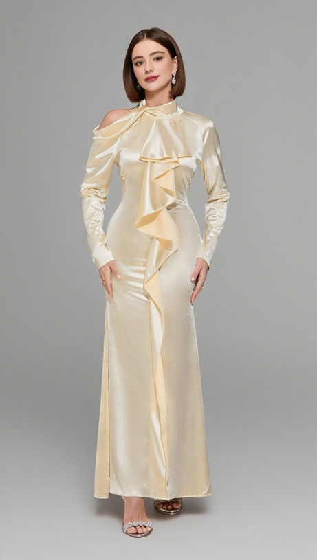 SATIN RUFFLED HIGH - NECK MAXI DRESS IN IVORY