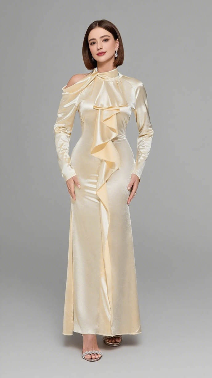 SATIN RUFFLED HIGH - NECK MAXI DRESS IN IVORY