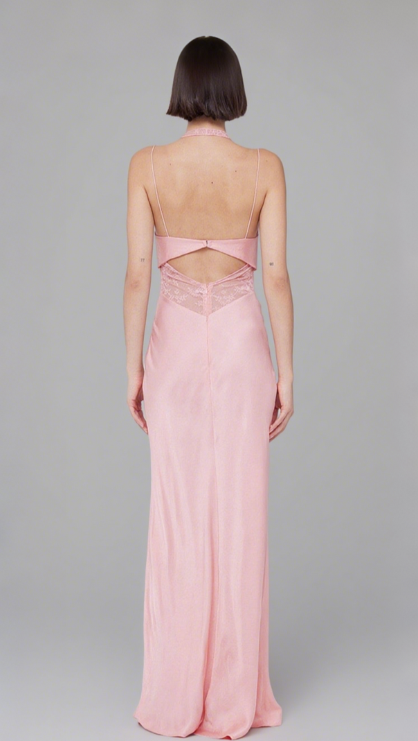 AIIZIE TIFFANY PINK MESH LACE HALTER MAXI DRESS - product image