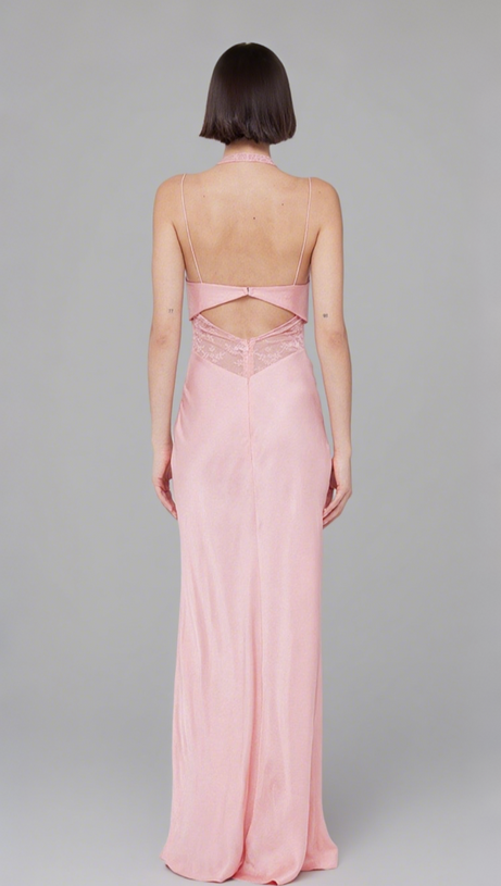 TIFFANY PINK MESH LACE HALTER MAXI DRESS