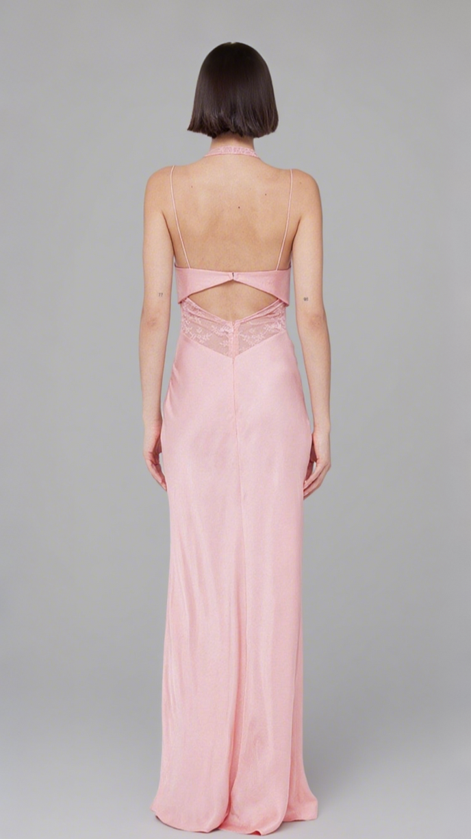 TIFFANY PINK MESH LACE HALTER MAXI DRESS