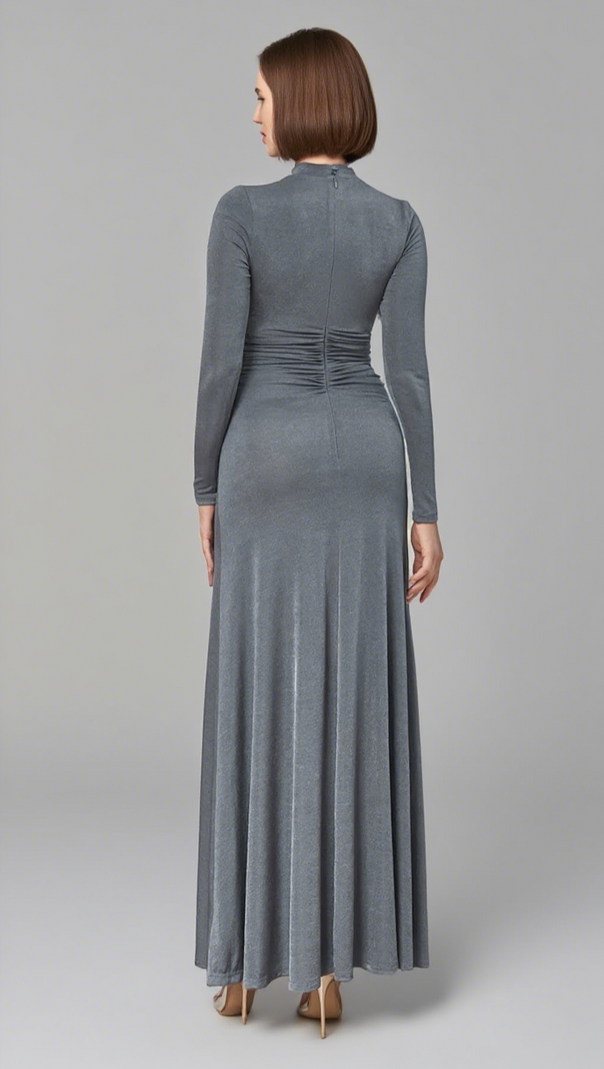 AIIZIE CUTOUT MOCK NECK RUCHED MAXI DRESS IN GRAY - product image