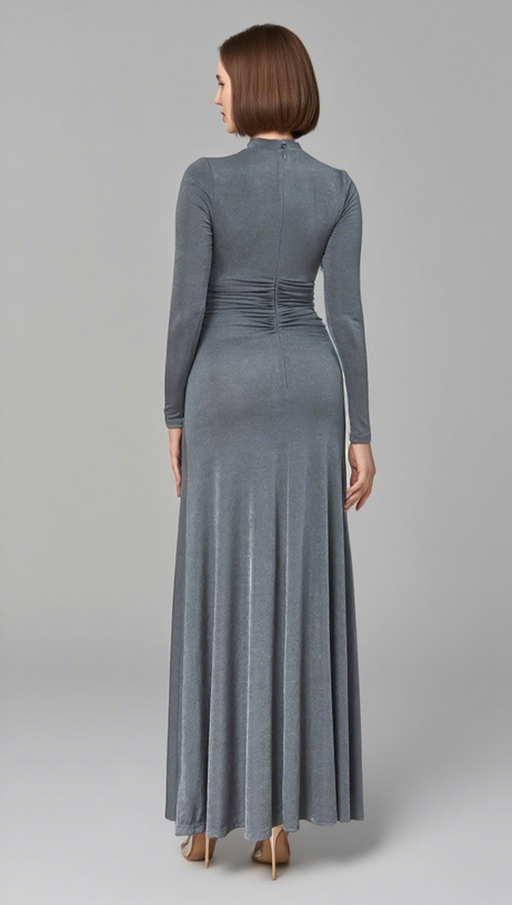 CUTOUT MOCK NECK RUCHED MAXI DRESS IN GRAY