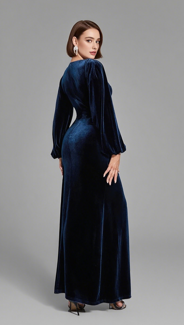 AIIZIE VELVET PUFF - SLEEVE RUCHED MERMAID MIDI DRESS IN NAVY BLUE - product image