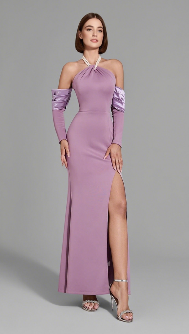 AIIZIE HALTER NECK SLIT MAXI DRESS IN PURPLE - product image